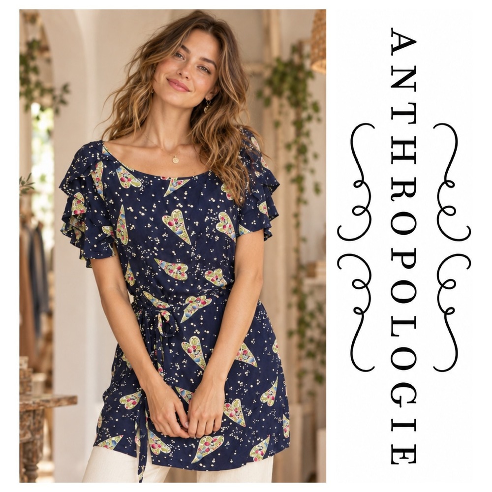 Anthropologie Odille Navy Blue Heart Design Short Sleeve Tunic Top Size 6